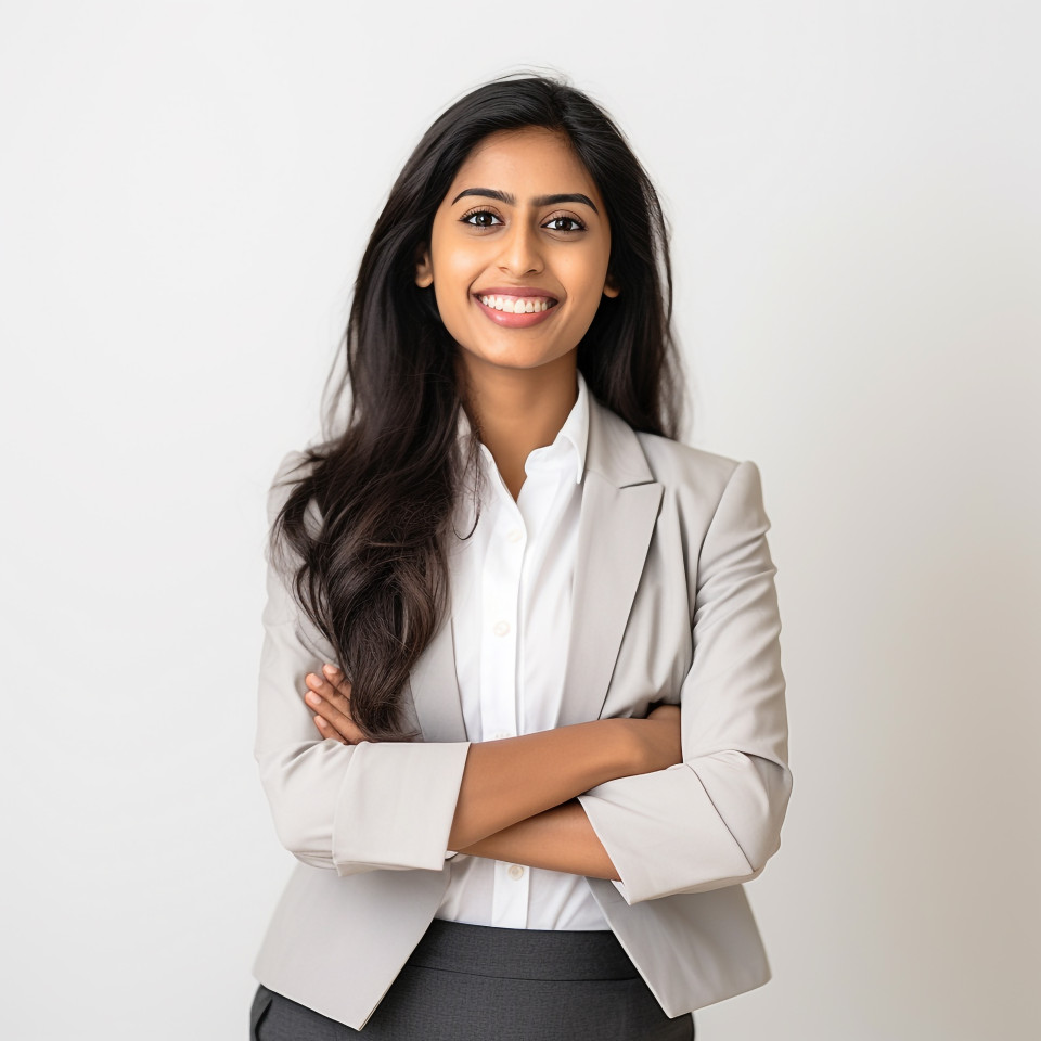 Friendly smiling beautiful indian woman legal and compliance officer at work on white background