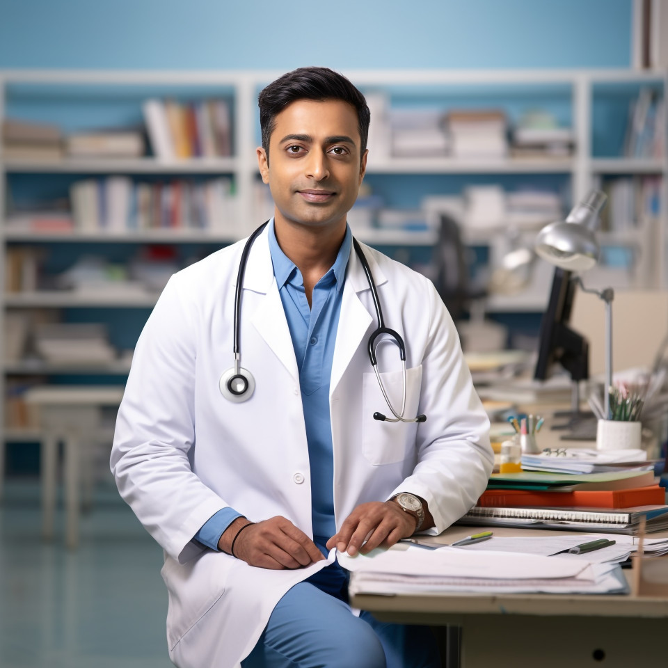 Confident handsome indian man patient advocate at work on blured background