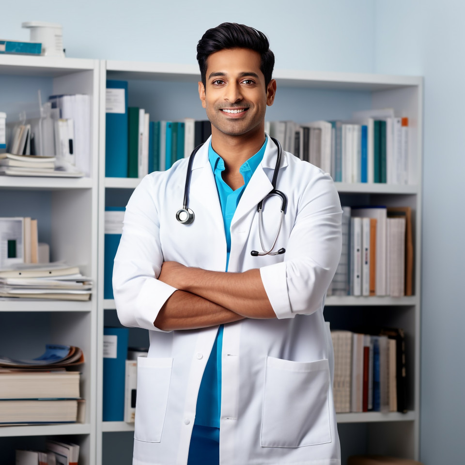 Confident handsome indian man medical assistant at work on blured background