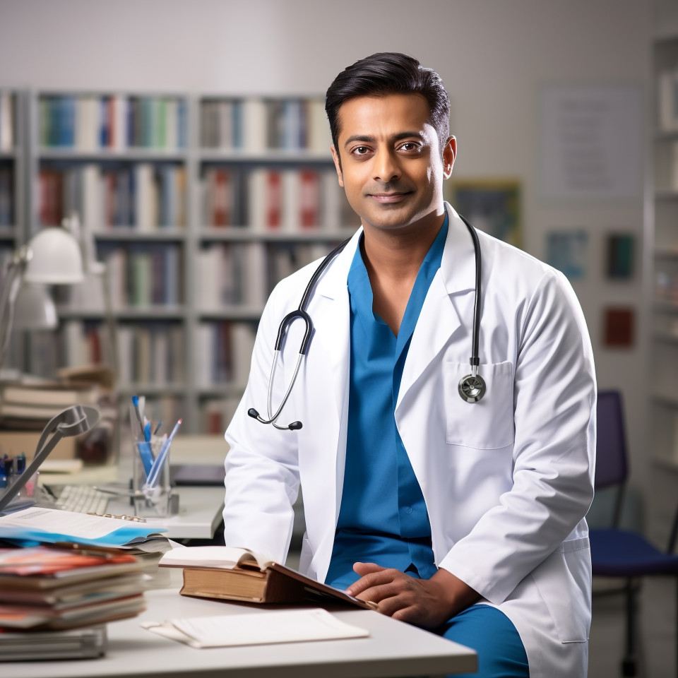 Confident handsome indian man patient advocate at work on blured background