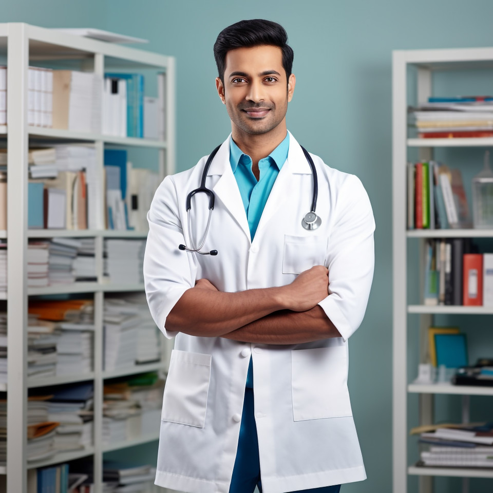Confident handsome indian man medical assistant at work on blured background