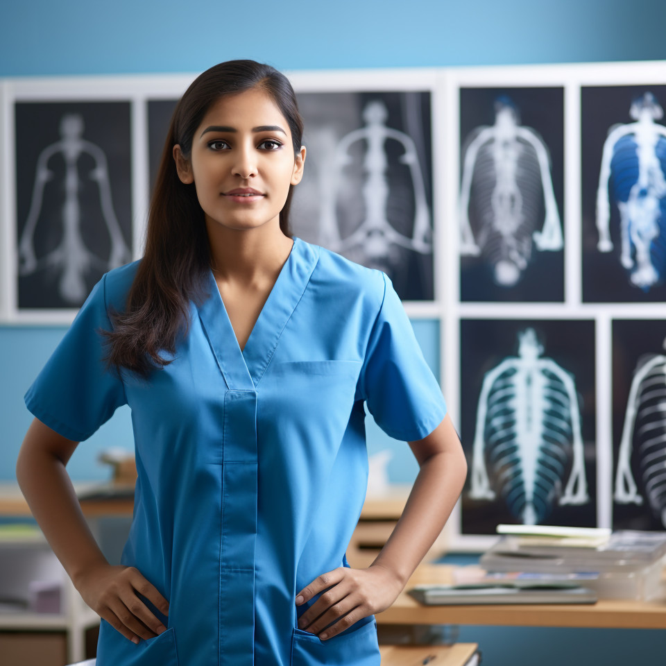 Confident beautiful indian woman respiratory therapist at work on blured background