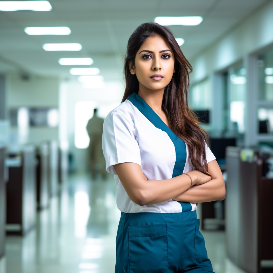 Confident beautiful indian woman hospital security personnel at work on blured background