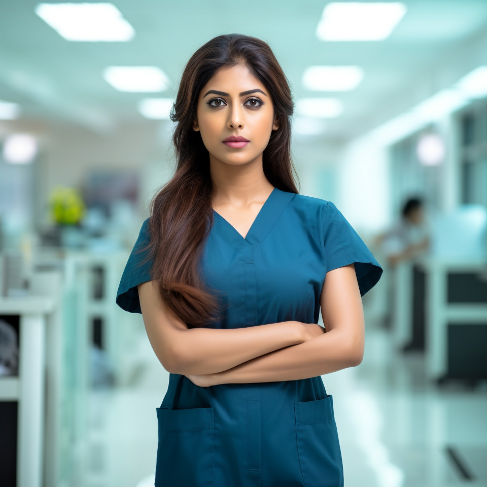 Confident beautiful indian woman hospital security personnel at work on blured background