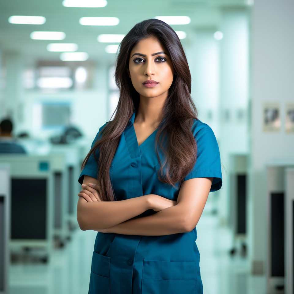 Confident beautiful indian woman hospital security personnel at work on blured background
