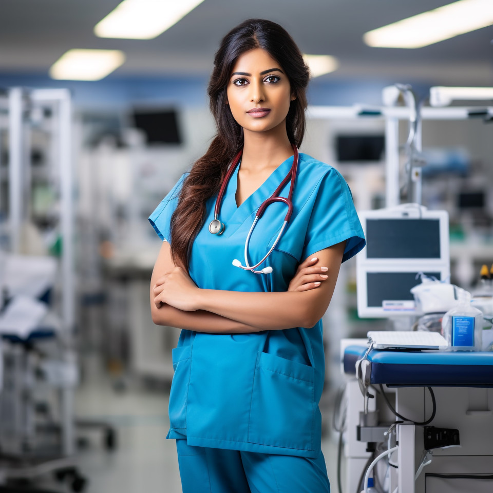 Confident beautiful indian woman medical assistant at work on blured background