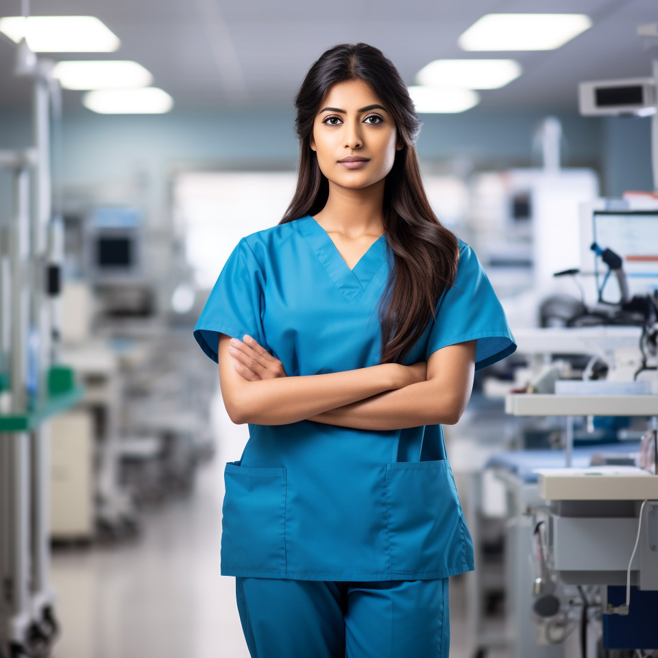 Confident beautiful indian woman medical assistant at work on blured background