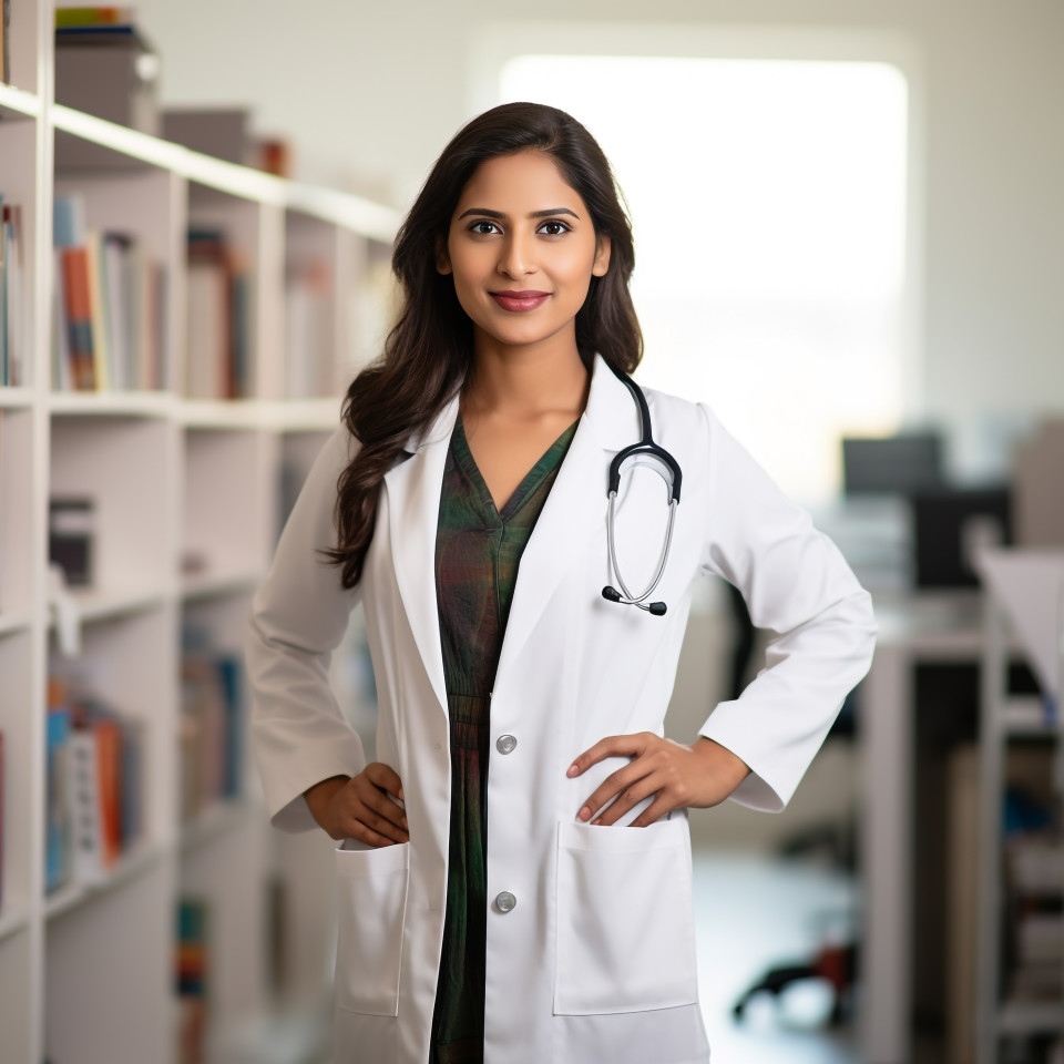 Confident beautiful indian woman health educator at work on blured background