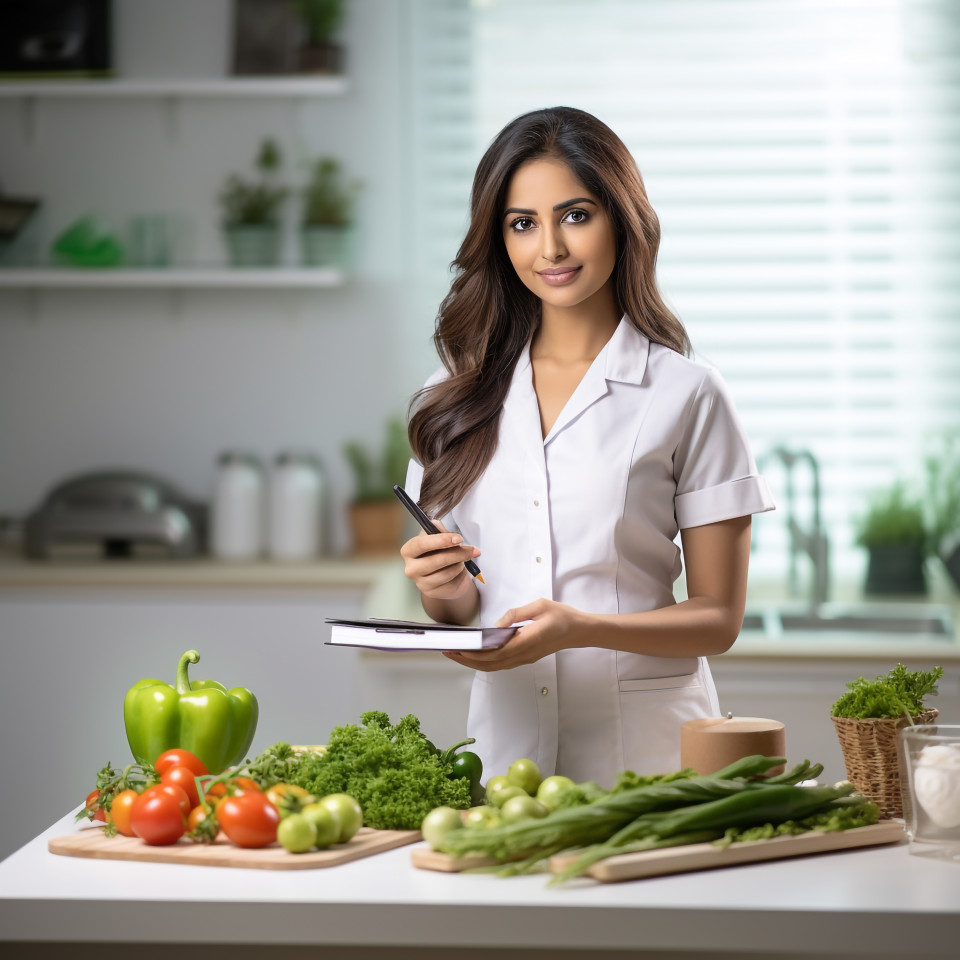 Confident beautiful indian woman dietitian at work on blured background