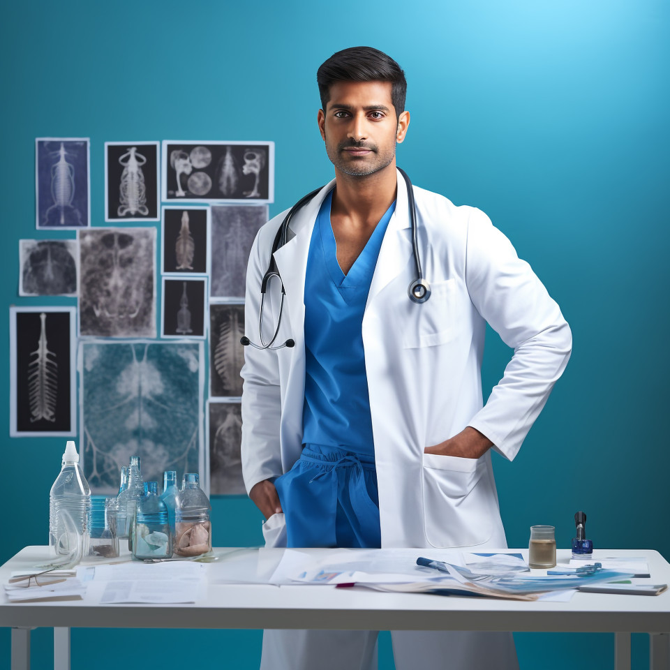 Confident handsome indian man respiratory therapist at work on blured background
