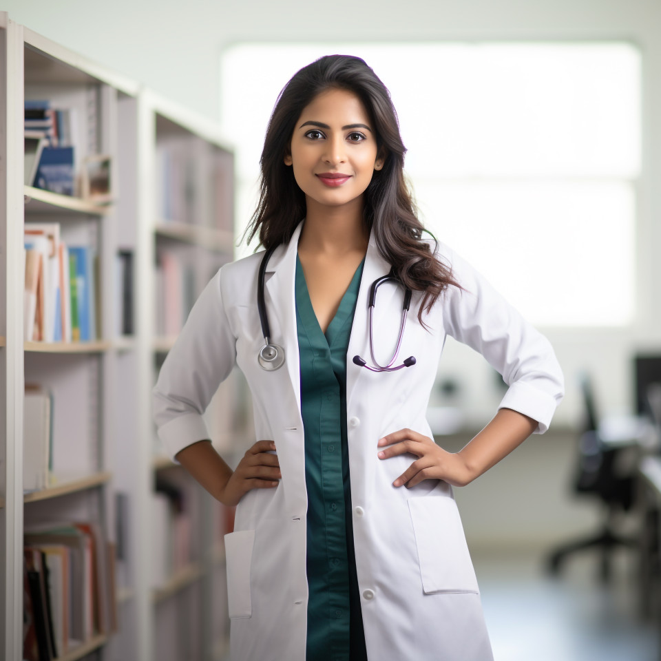 Confident beautiful indian woman health educator at work on blured background