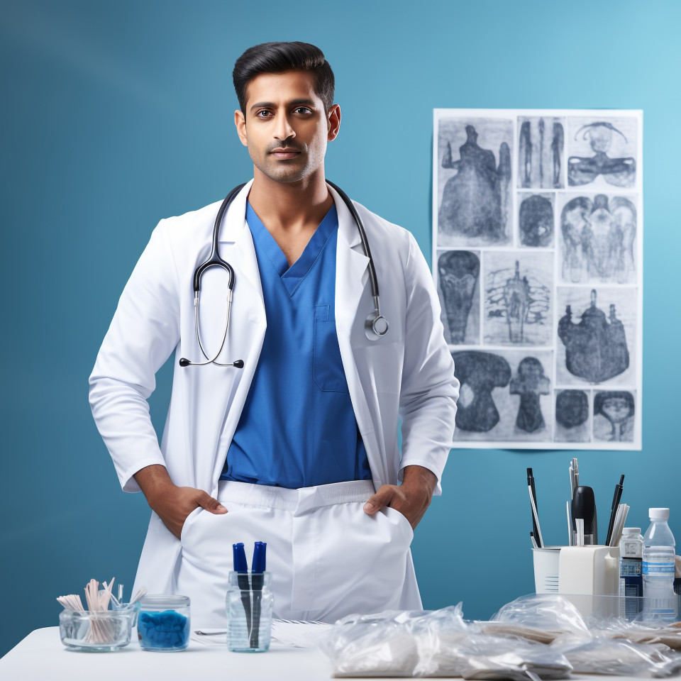 Confident handsome indian man respiratory therapist at work on blured background