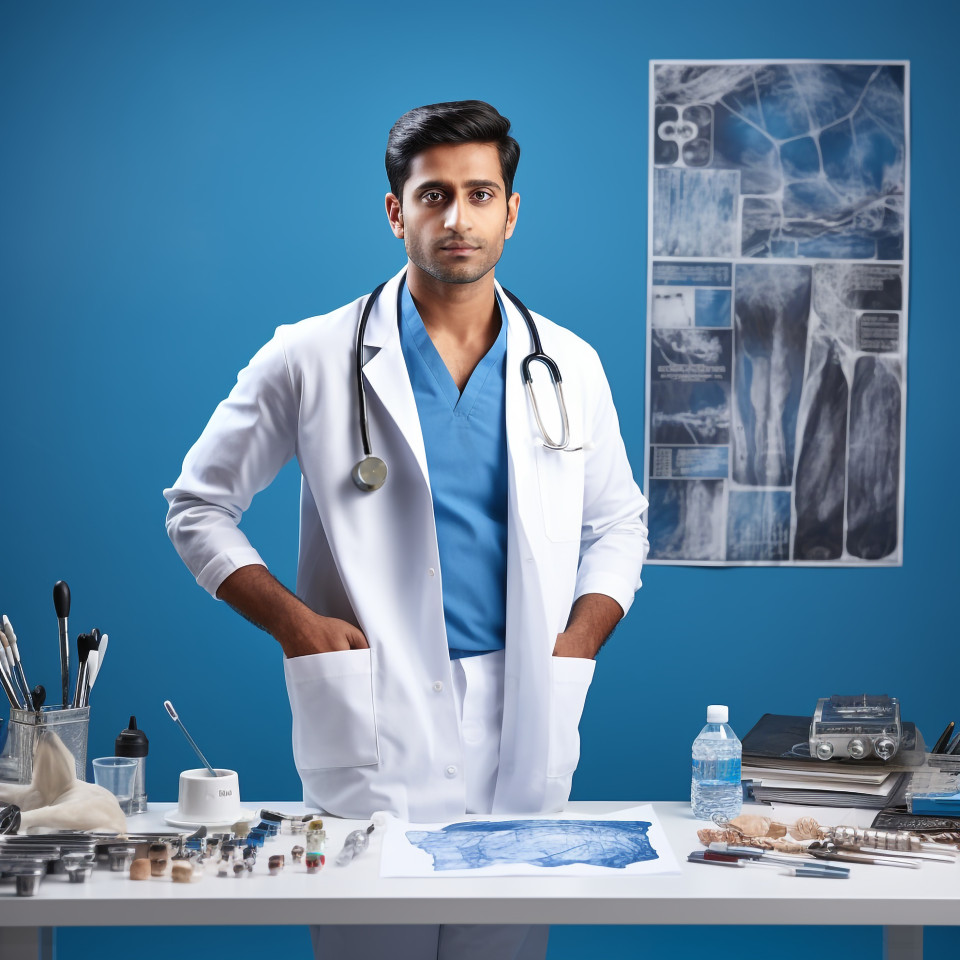 Confident handsome indian man respiratory therapist at work on blured background