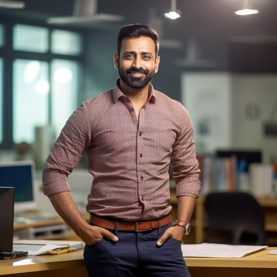 Confident handsome indian man social worker at work on blured background
