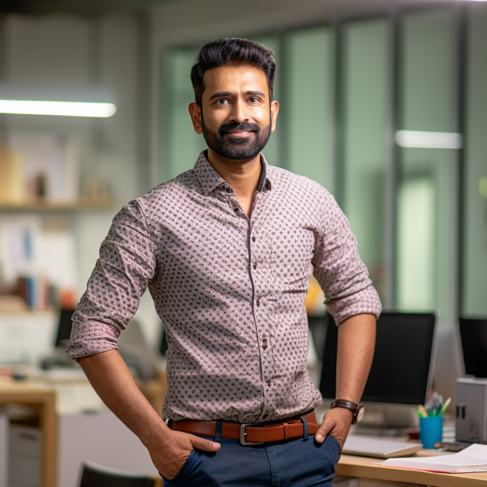 Confident handsome indian man social worker at work on blured background