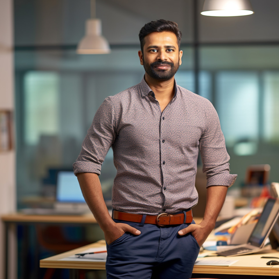 Confident handsome indian man social worker at work on blured background