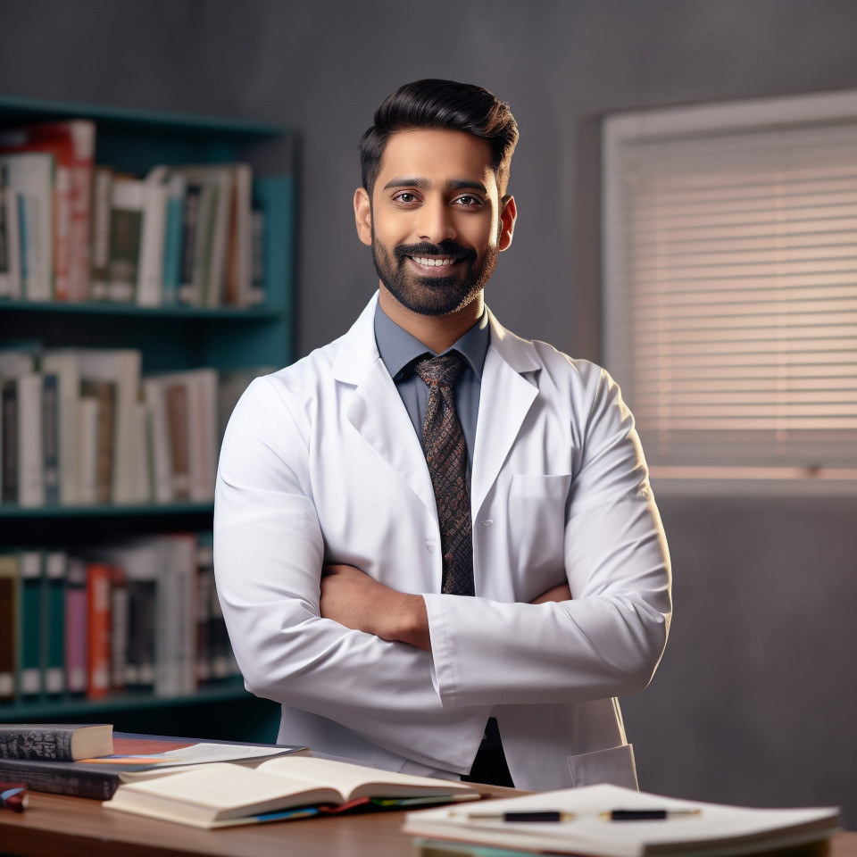 Confident handsome indian man health educator at work on blured background