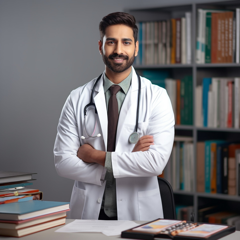 Confident handsome indian man health educator at work on blured background
