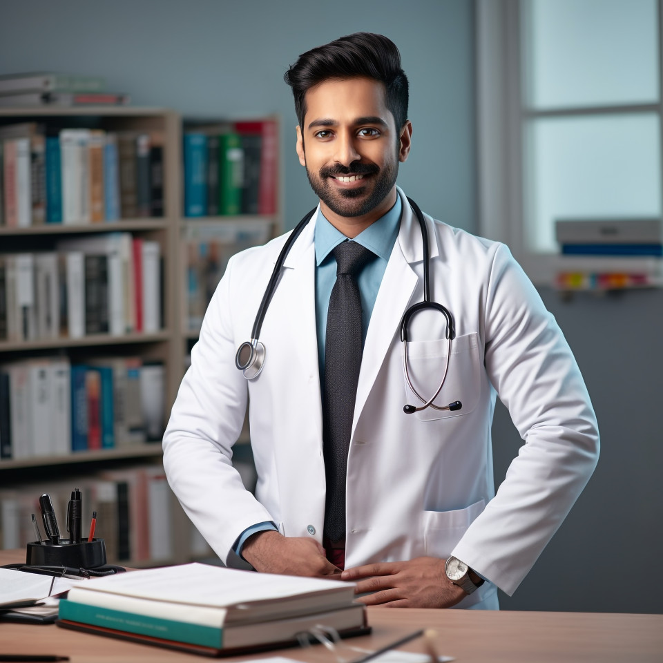 Confident handsome indian man health educator at work on blured background