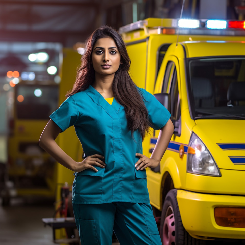 Confident beautiful indian woman ambulance driver at work on blured background