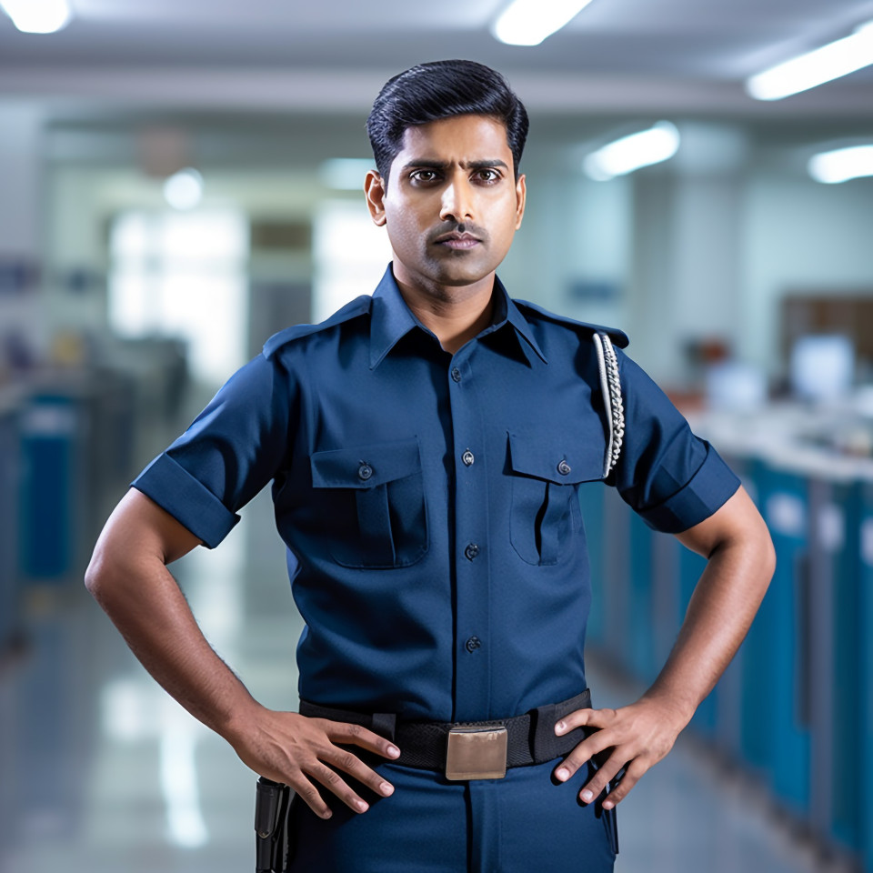 Confident handsome indian man hospital security personnel at work on blured background