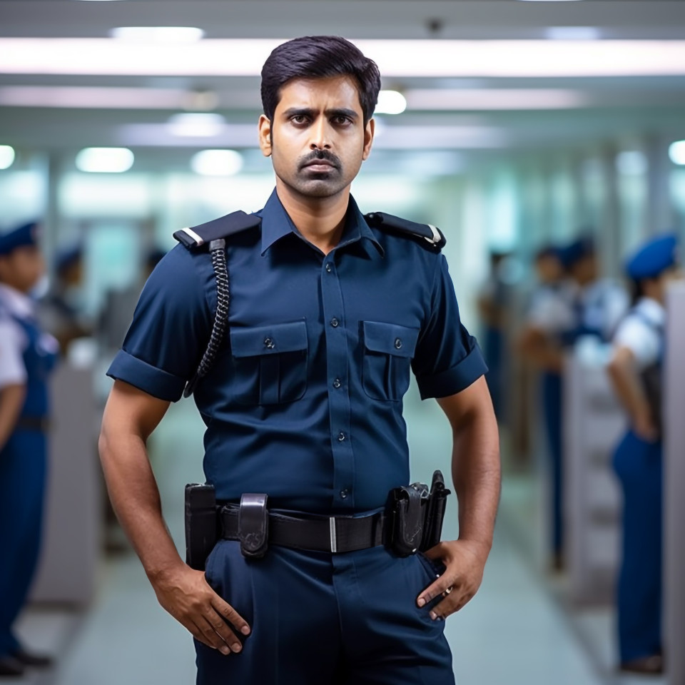 Confident handsome indian man hospital security personnel at work on blured background