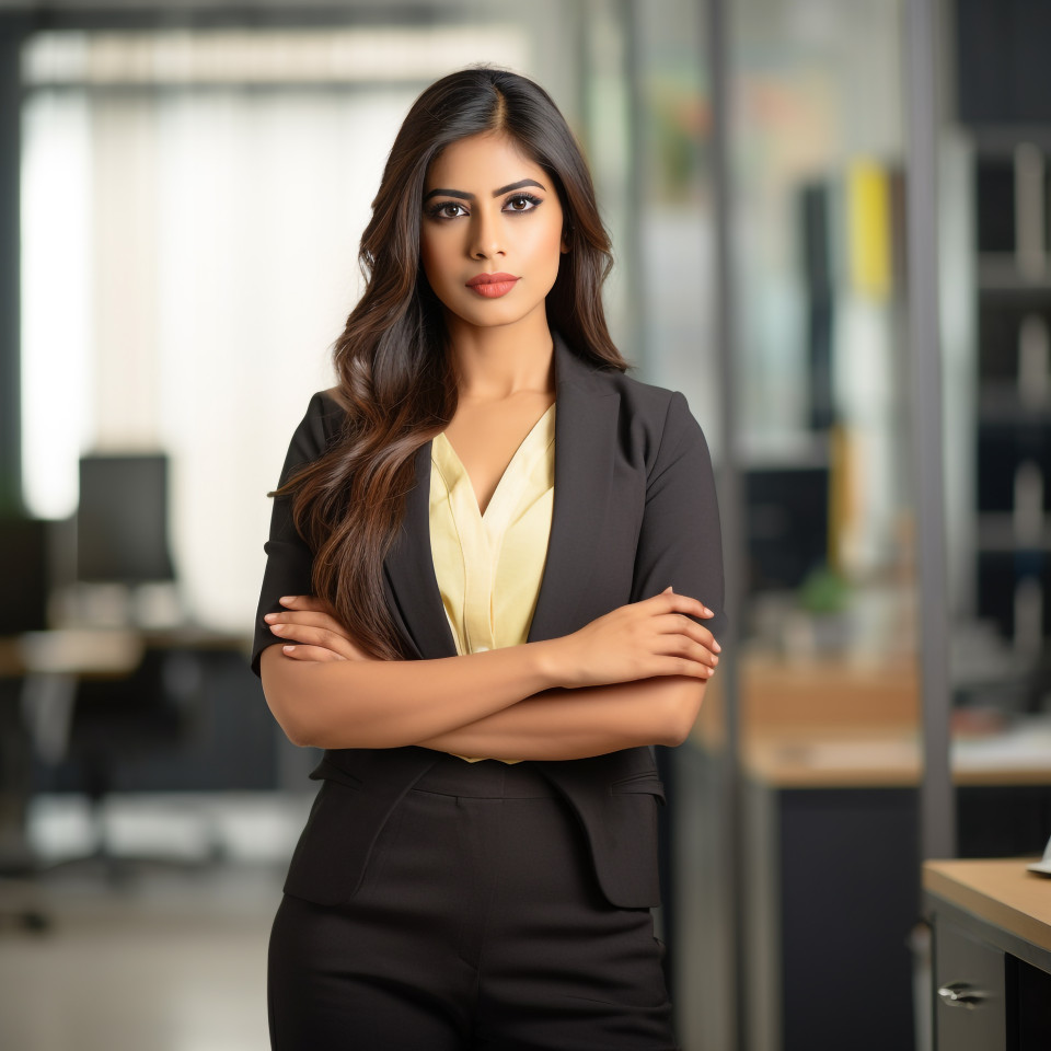 Confident beautiful indian woman public relations specialist at work on blured background