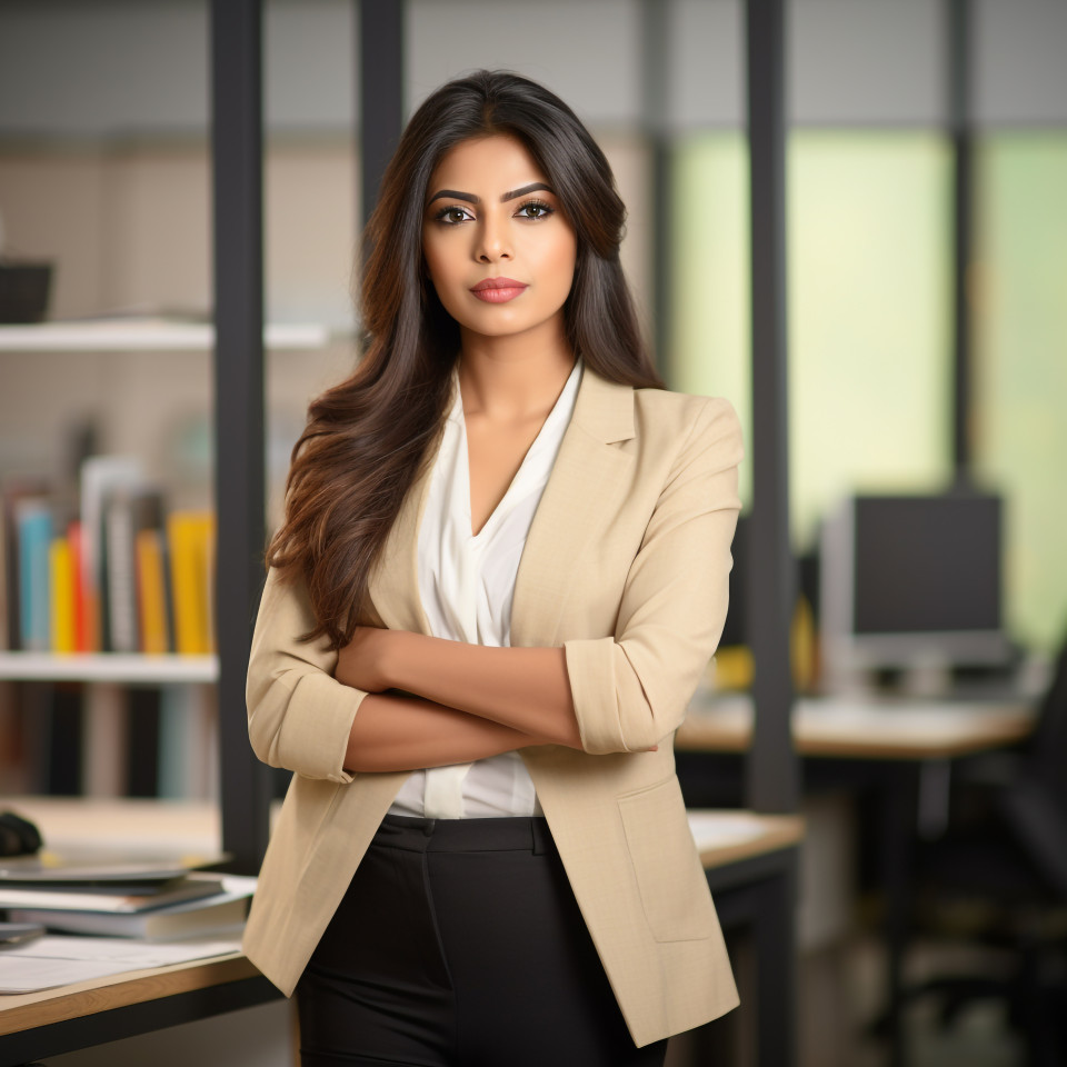 Confident beautiful indian woman public relations specialist at work on blured background