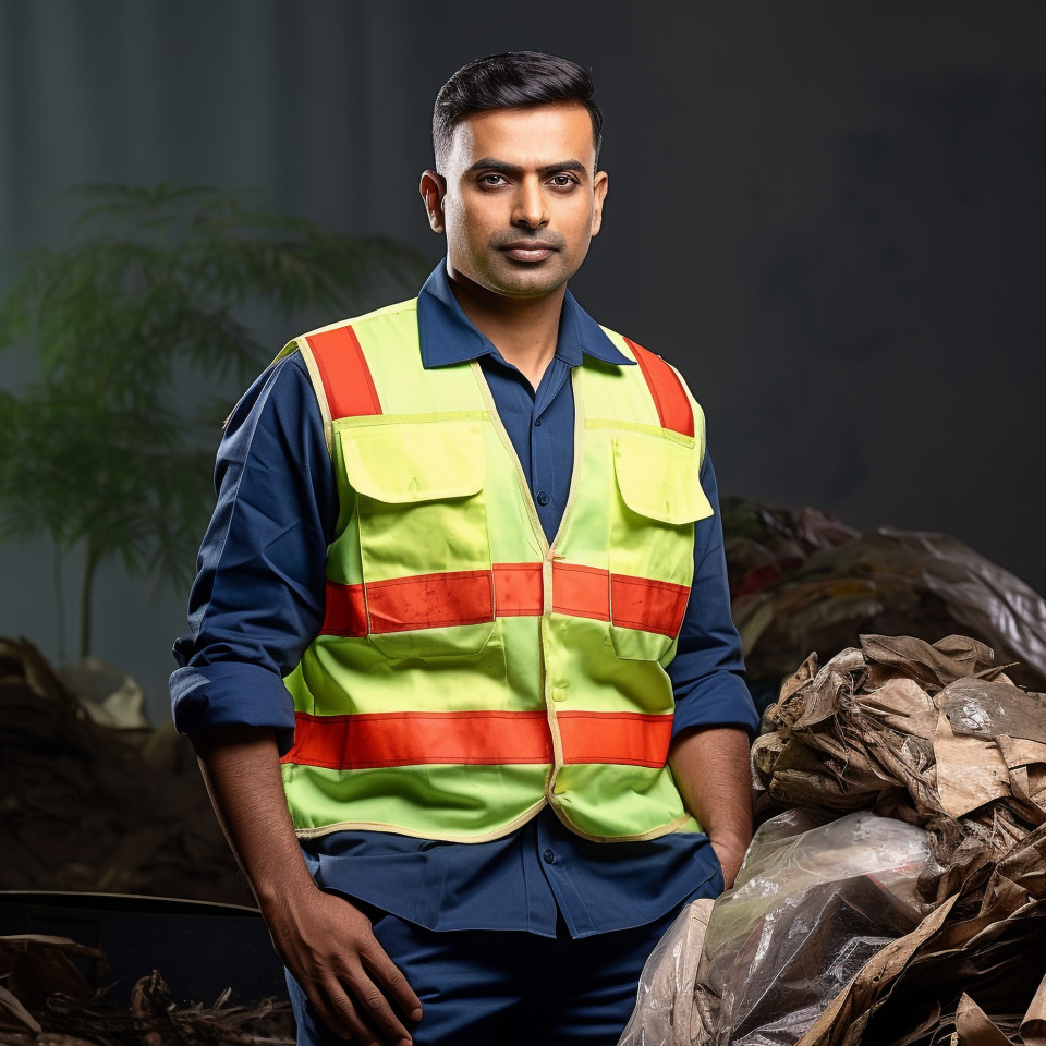 Confident handsome indian man environmental services staff at work on blured background