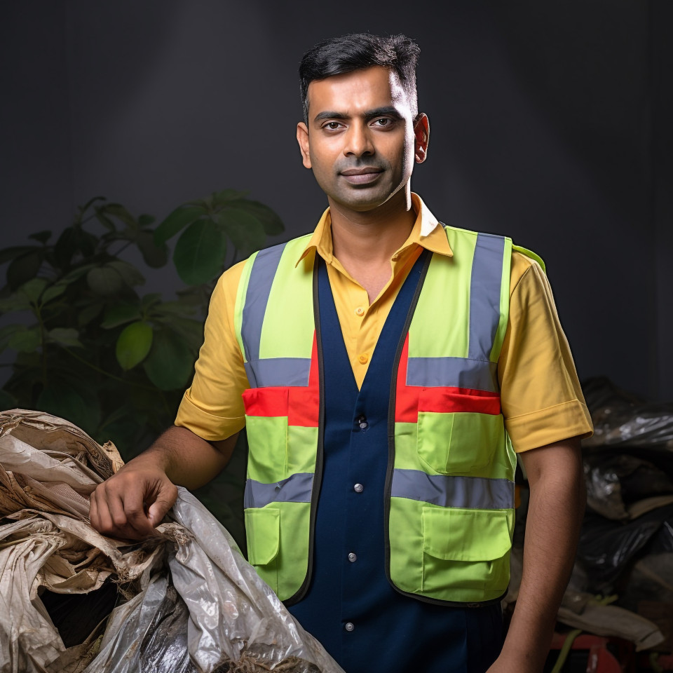 Confident handsome indian man environmental services staff at work on blured background