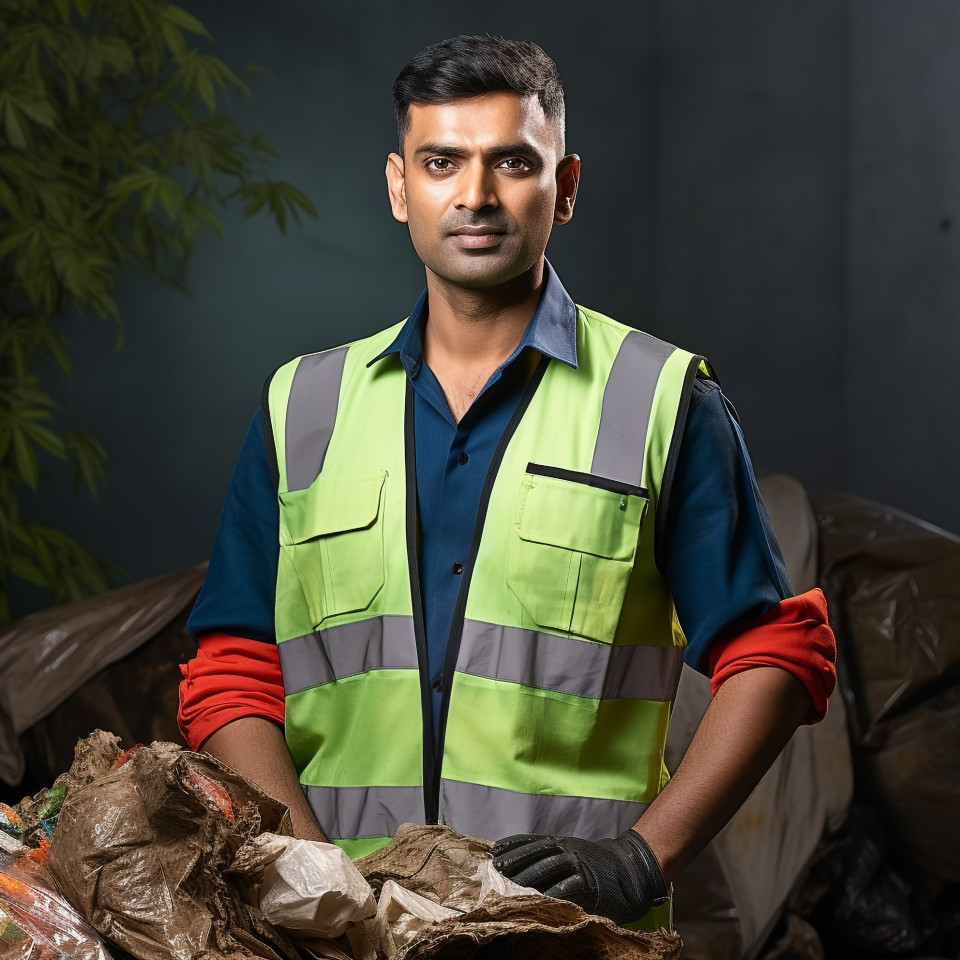 Confident handsome indian man environmental services staff at work on blured background