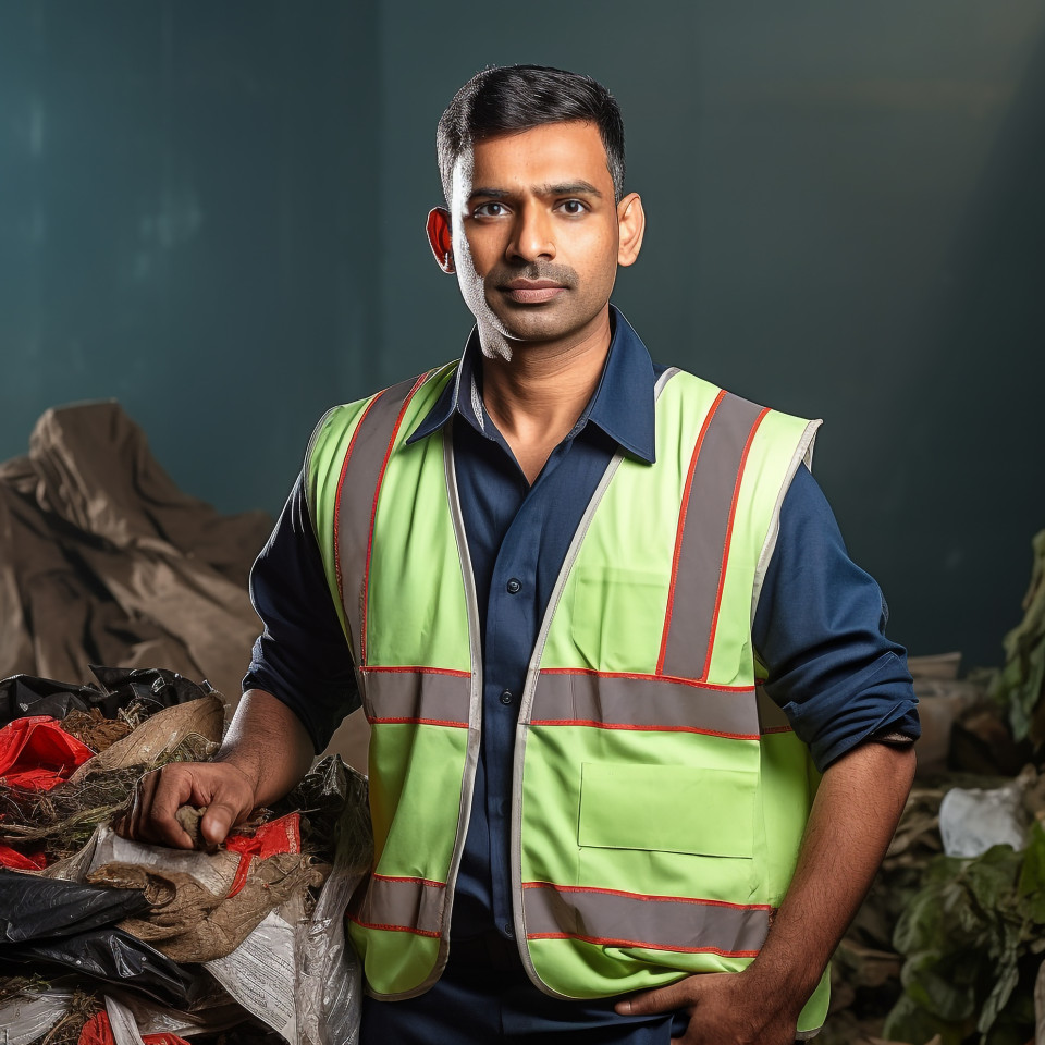 Confident handsome indian man environmental services staff at work on blured background