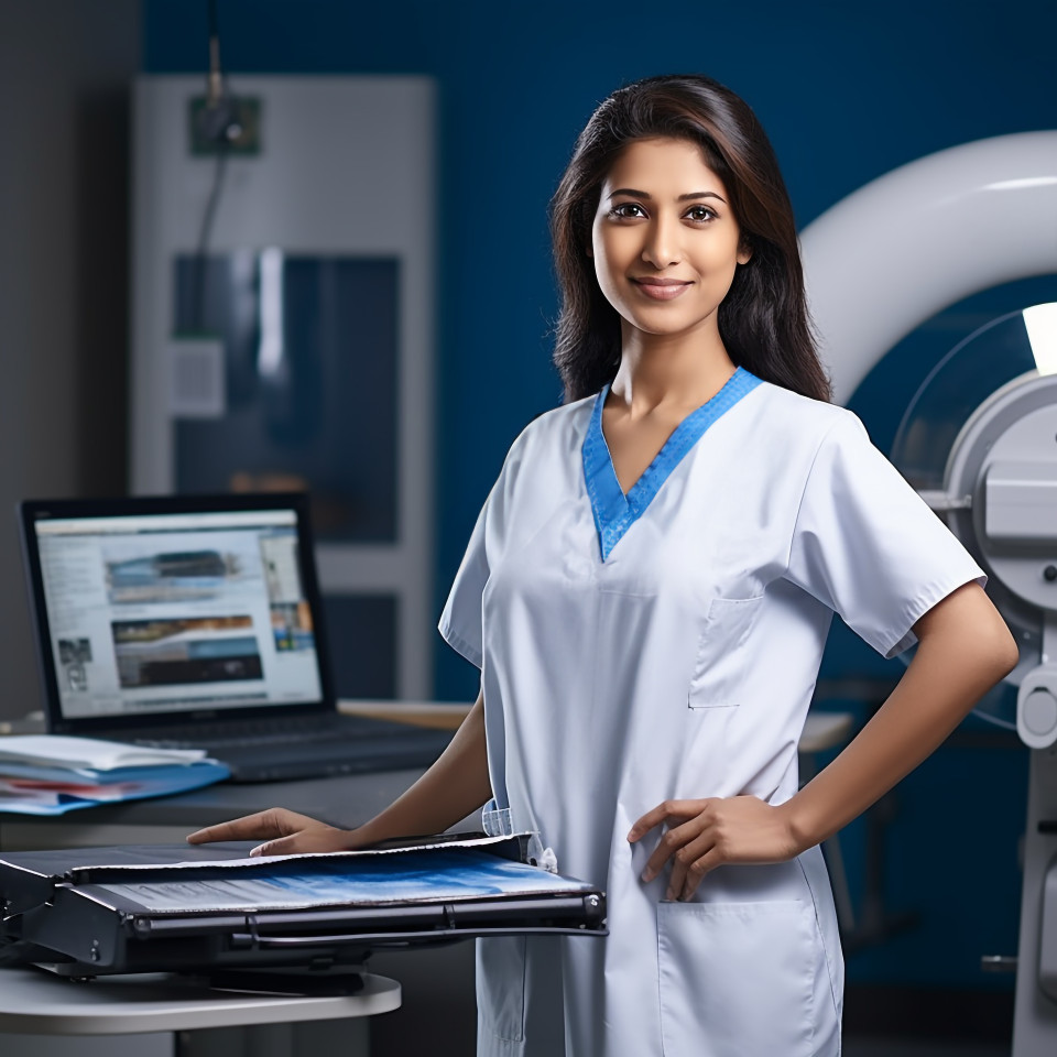 Confident beautiful indian woman radiologic technologist at work on blured background