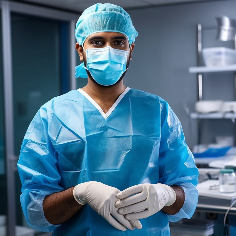 Confident handsome indian man infection control specialist at work on blured background