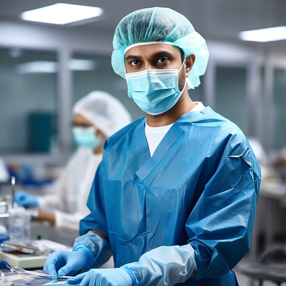 Confident handsome indian man infection control specialist at work on blured background