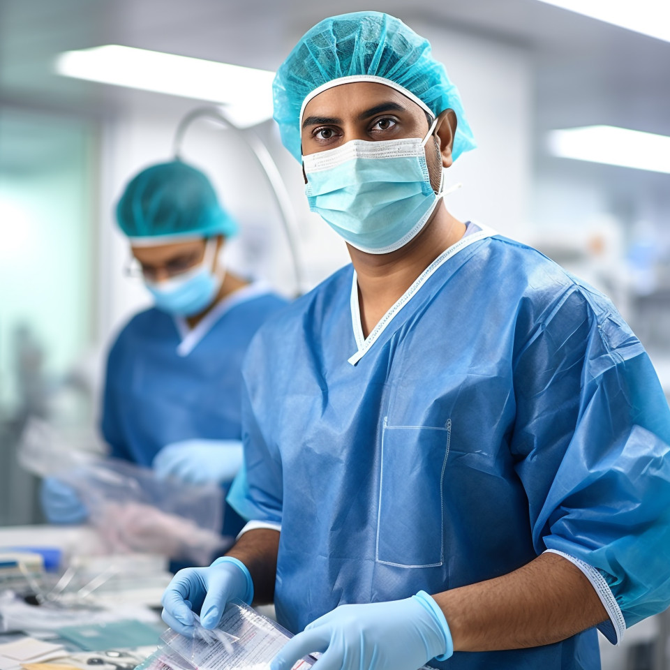 Confident handsome indian man infection control specialist at work on blured background