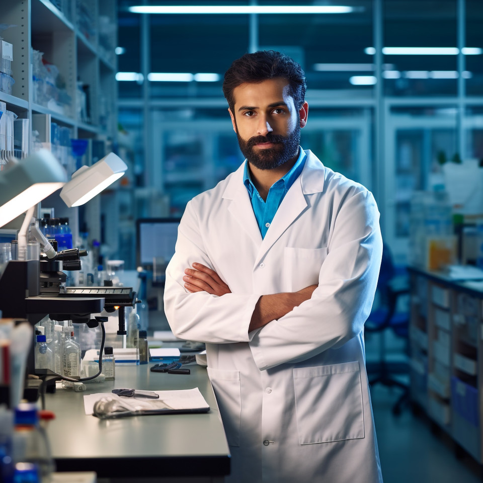 Confident handsome indian man research scientist at work on blured background