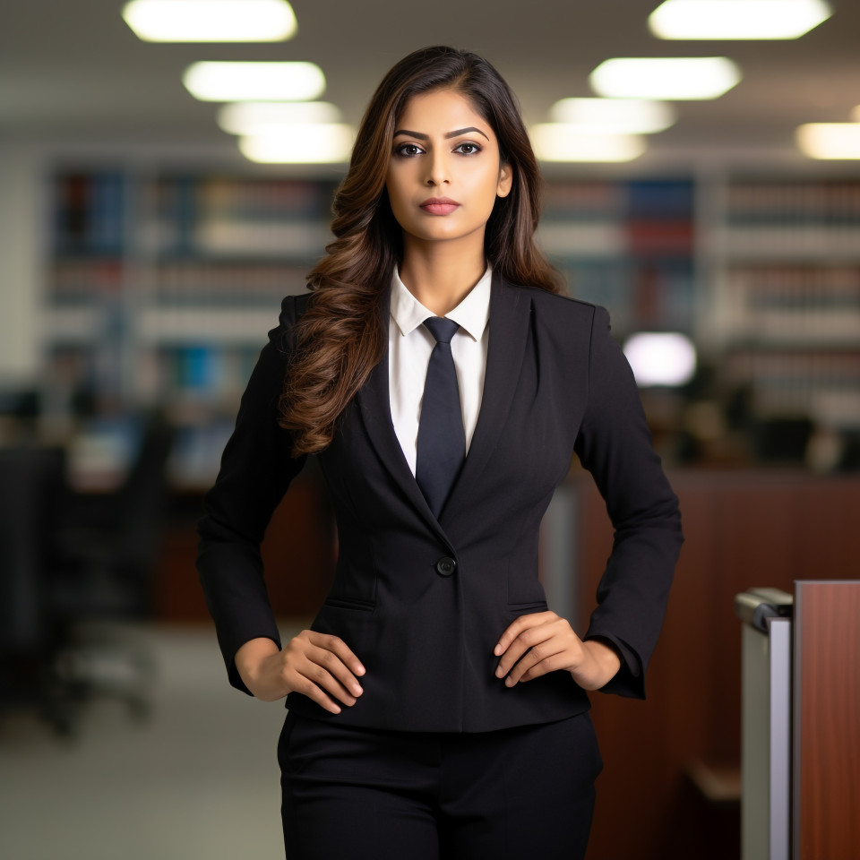 Confident beautiful indian woman legal and compliance officer at work on blured background