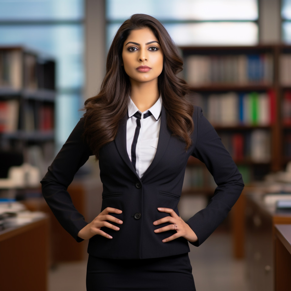 Confident beautiful indian woman legal and compliance officer at work on blured background
