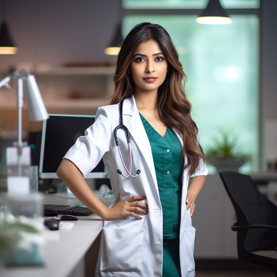 Confident beautiful indian woman medical receptionist at work on blured background
