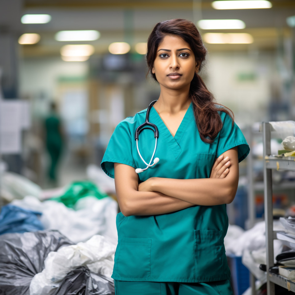 Confident beautiful indian woman environmental services staff at work on blured background