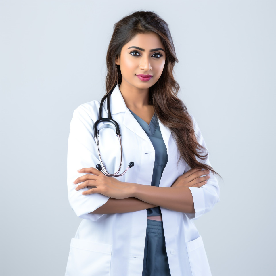 Confident beautiful indian woman home health aide at work on isolated white background