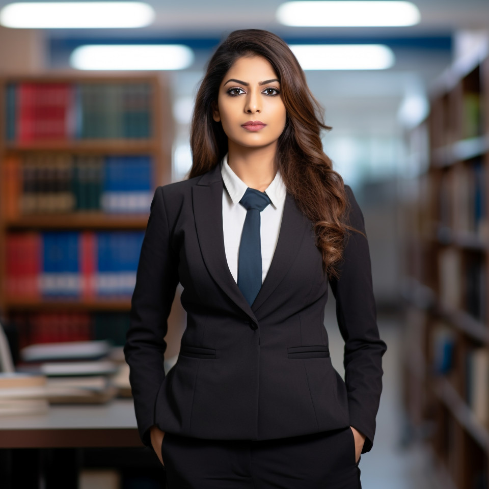 Confident beautiful indian woman legal and compliance officer at work on blured background