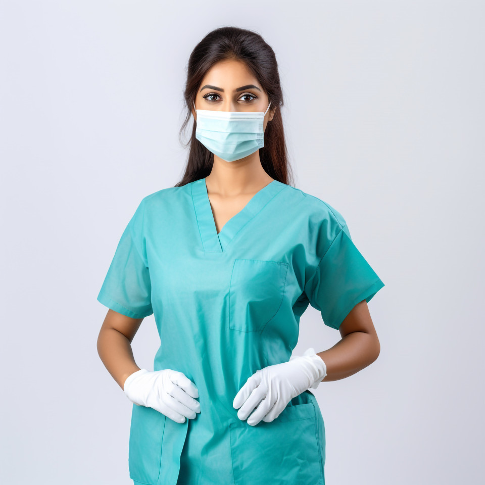 Confident beautiful indian woman infection control specialist at work on isolated white background