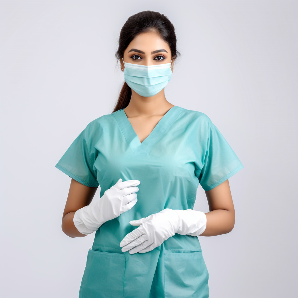 Confident beautiful indian woman infection control specialist at work on isolated white background