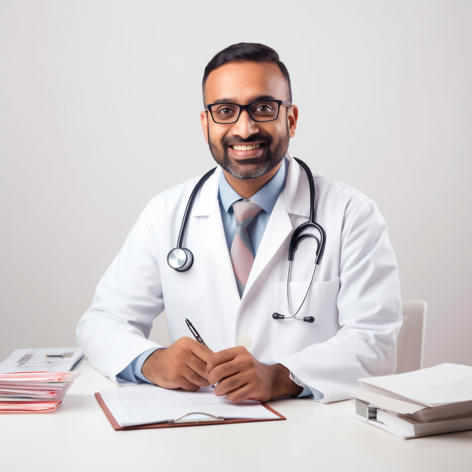 Confident handsome indian man medical receptionist at work on isolated white background