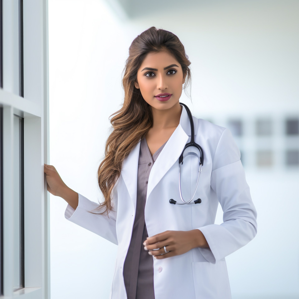 Confident beautiful indian woman hospital administrator at work on blured background