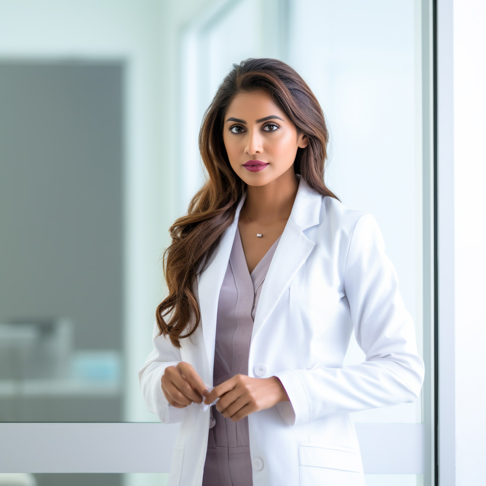 Confident beautiful indian woman hospital administrator at work on blured background