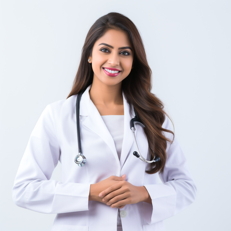 Confident beautiful indian woman patient advocate at work on isolated white background