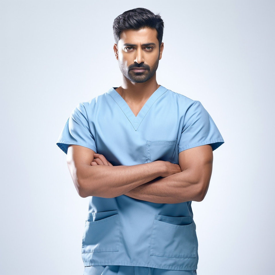 Confident handsome indian man nurse at work on isolated white background
